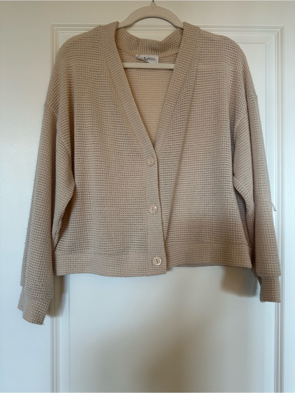 Cream Waffle-Knit Button Cardigan
